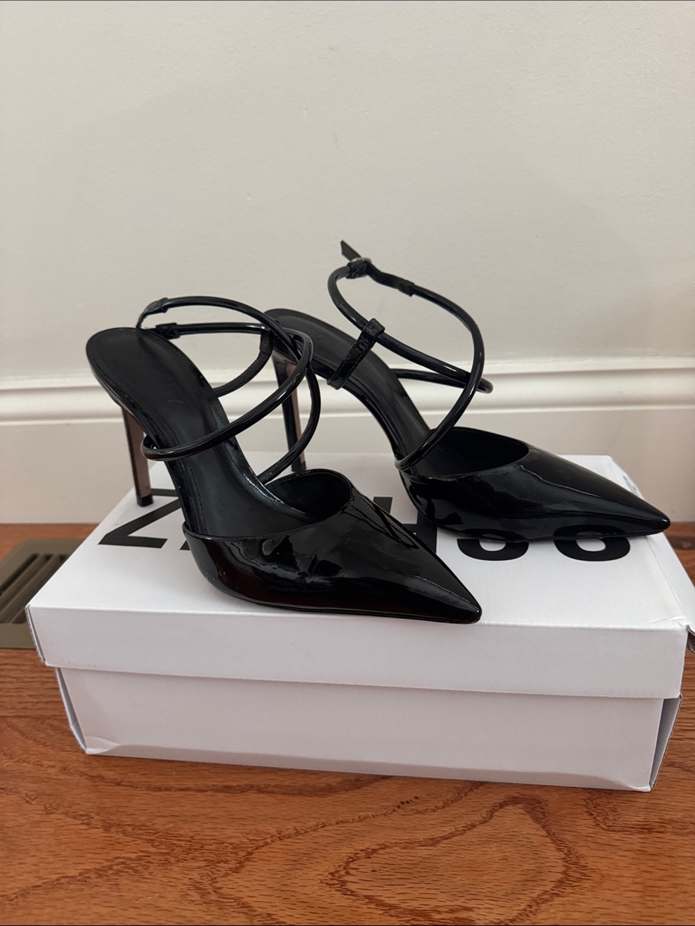 Schultz Black Patent Pointed-Toe Strappy Heels